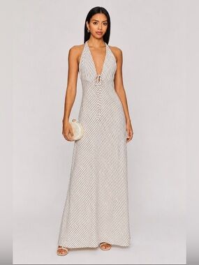REVOLVE Cream and Black Striped Halter Maxi Dress